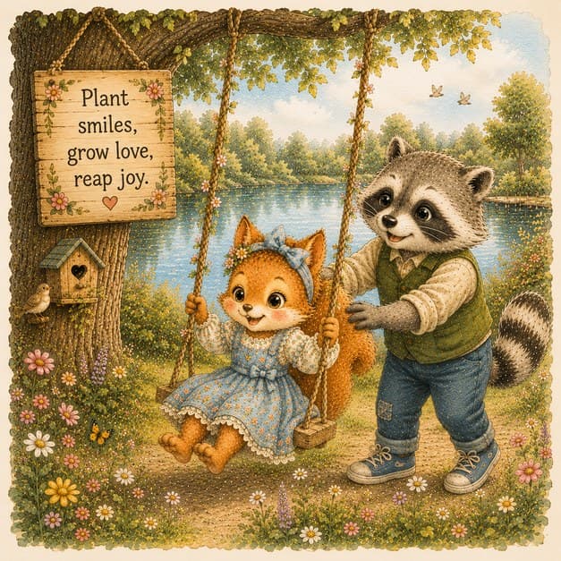 Nina Willow no balanço à beira do lago, empurrada pelo guaxinim, sob a placa "Plant smiles, grow love, reap joy"