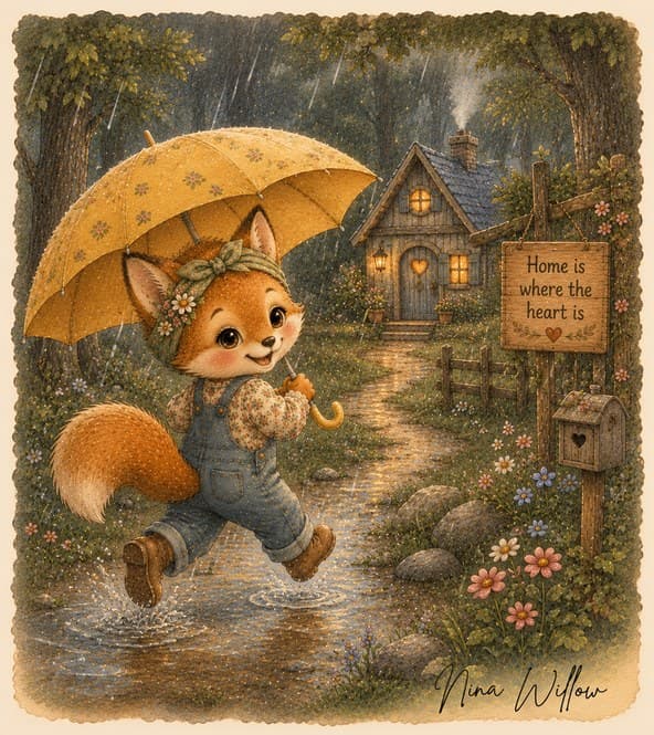 Nina Willow correndo na chuva com um guarda-chuva amarelo, a caminho da casinha iluminada, sob a placa "Home is where the heart is"