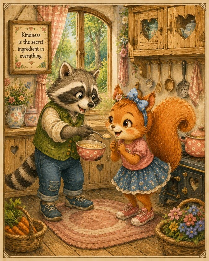 O guaxinim servindo um prato à esquilinha na cozinha da casa de campo, sob o quadro "Kindness is the secret ingredient in everything"