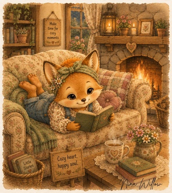 Nina Willow lendo na poltrona diante da lareira, entre as plaquinhas "Make time for cozy moments" e "Cozy heart, happy soul"