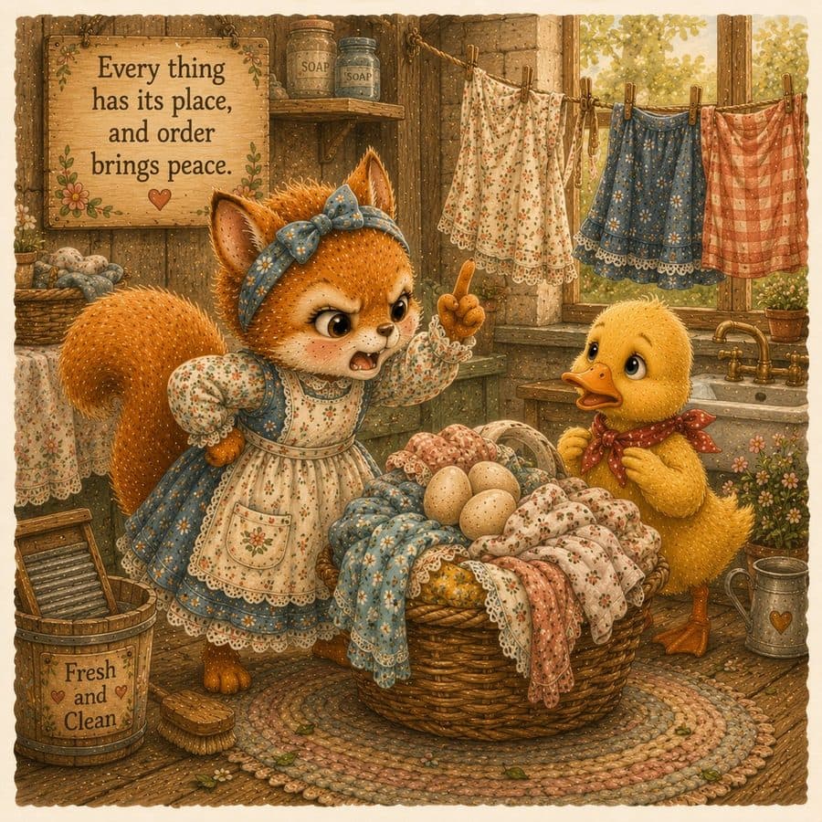 Nina Willow e o patinho dobrando roupas na lavanderia, com a placa "Every thing has its place, and order brings peace"